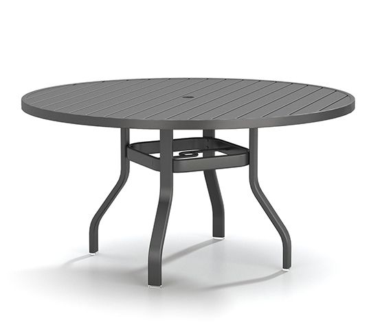 A round patio table with a shelf underneath it on a white background.
