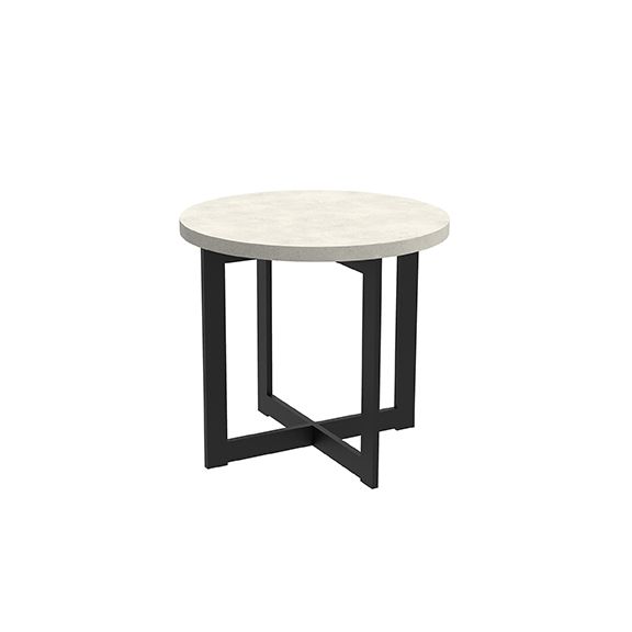 A small round table with a white top and black legs on a white background.