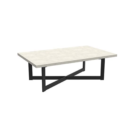 A coffee table with a white top and black legs on a white background.