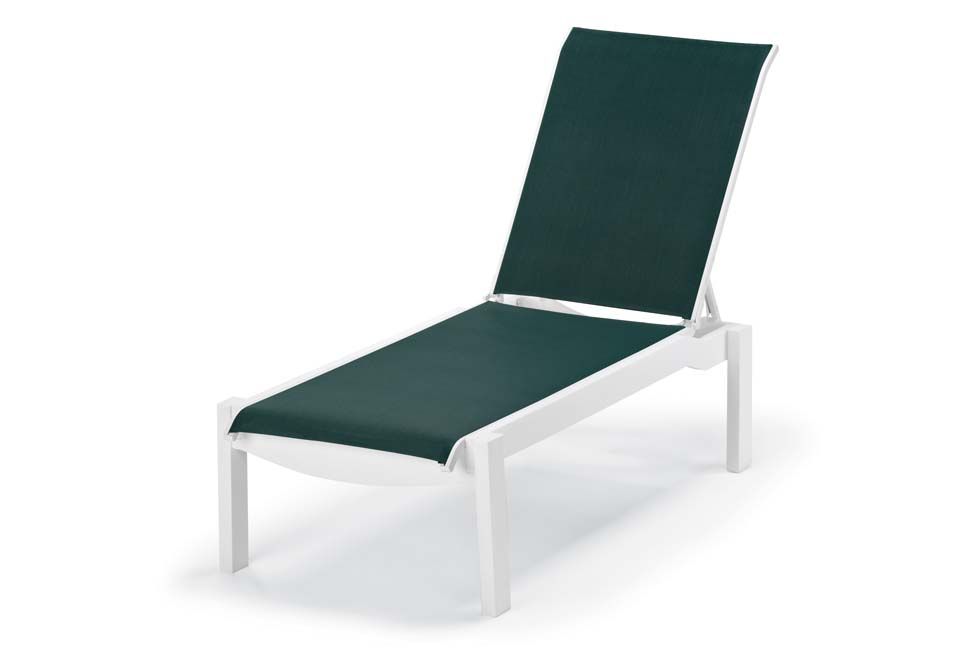 A white lounge chair with a green cushion on a white background.