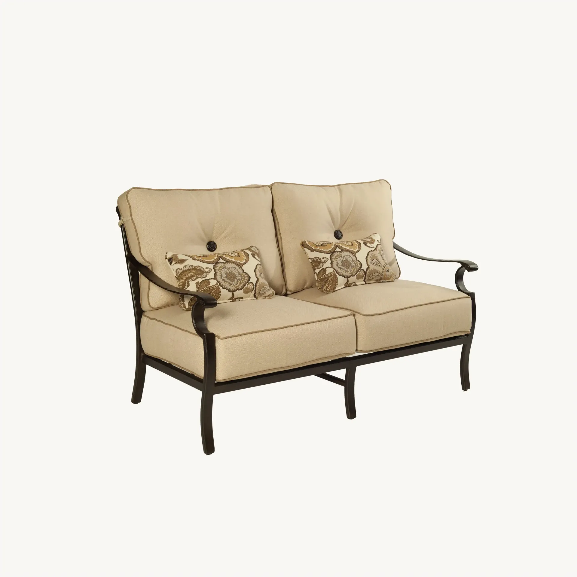 A couch with two pillows on it is on a white background.