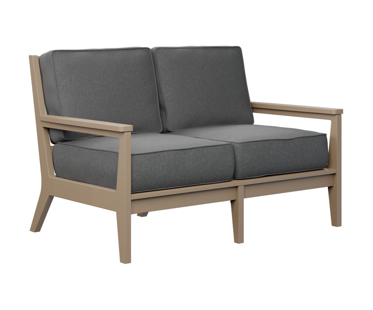 A wooden couch with gray cushions on a white background.