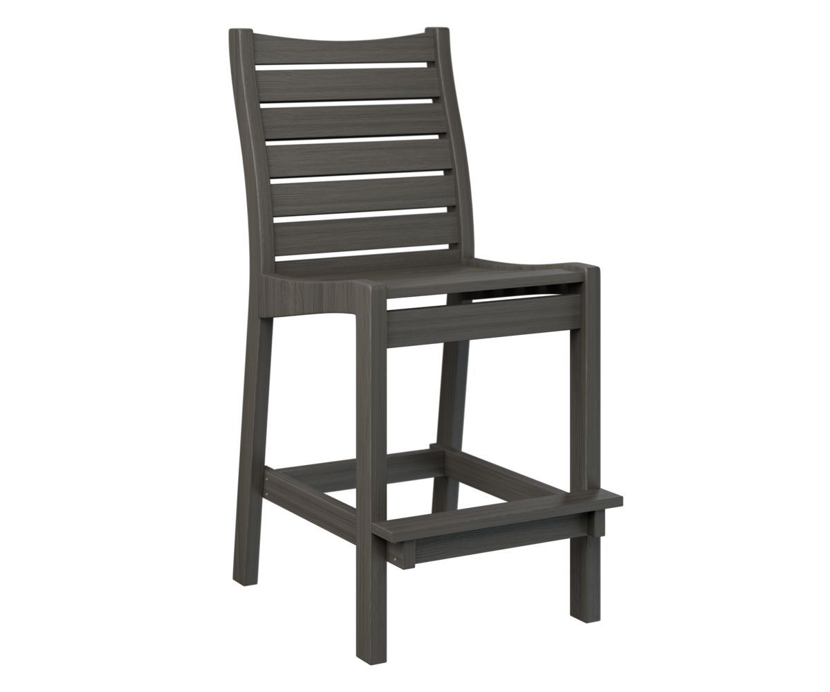 A gray bar stool with a wooden frame on a white background.