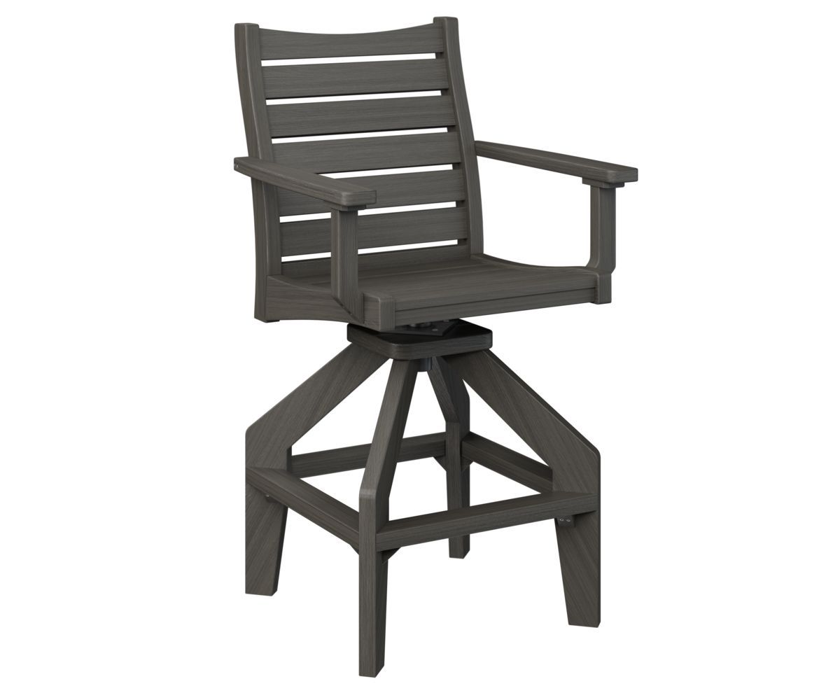 A gray bar stool with a swivel seat on a white background.