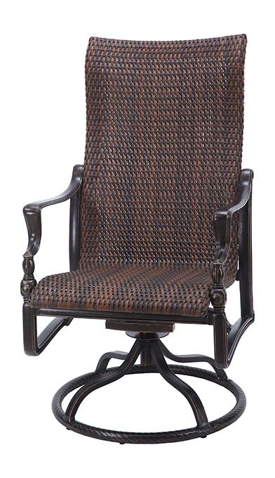 A brown wicker rocking chair with a black frame on a white background.