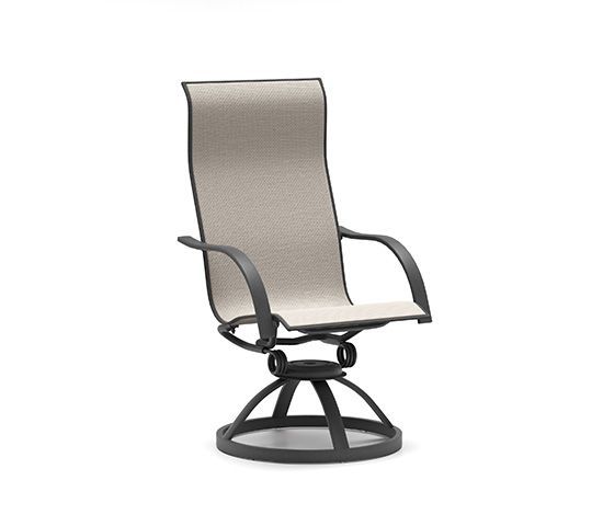 A chair with a white cushion and a black frame on a white background