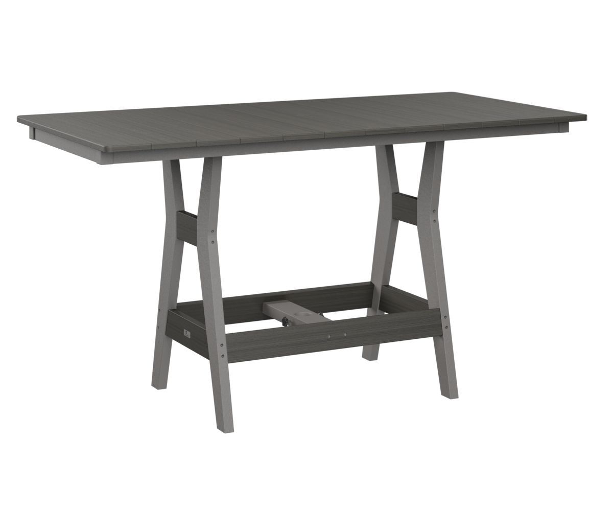 A gray wooden table with a shelf underneath it on a white background.