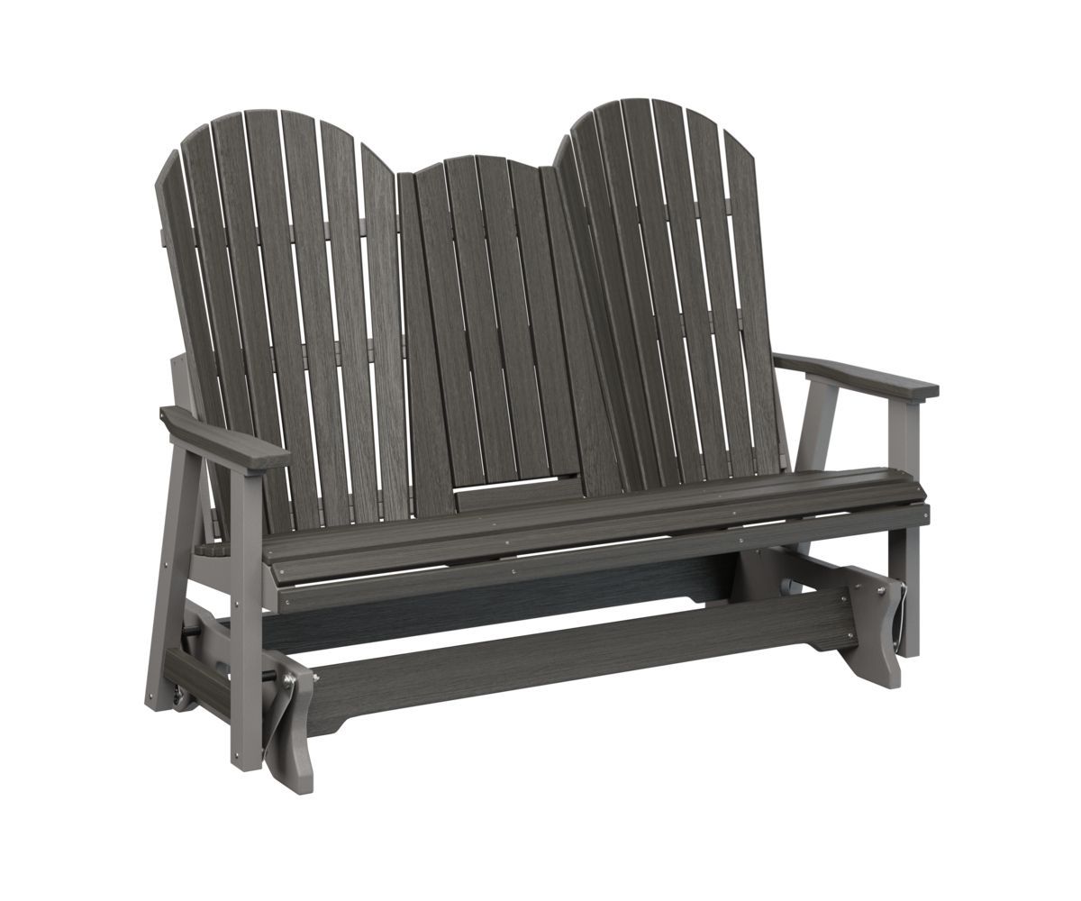 A gray wooden glider bench on a white background.
