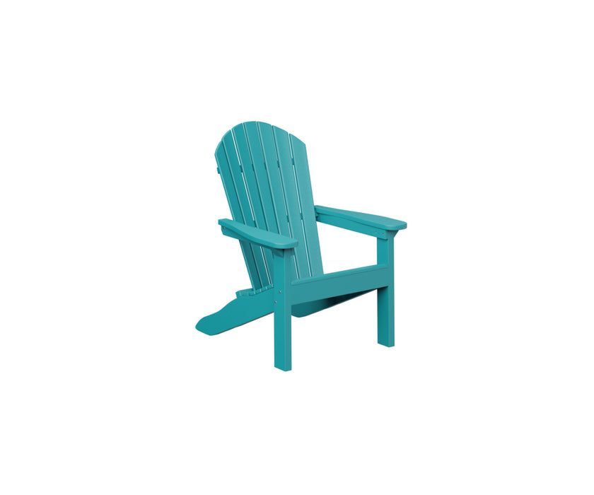 A blue adirondack chair is sitting on a white background.