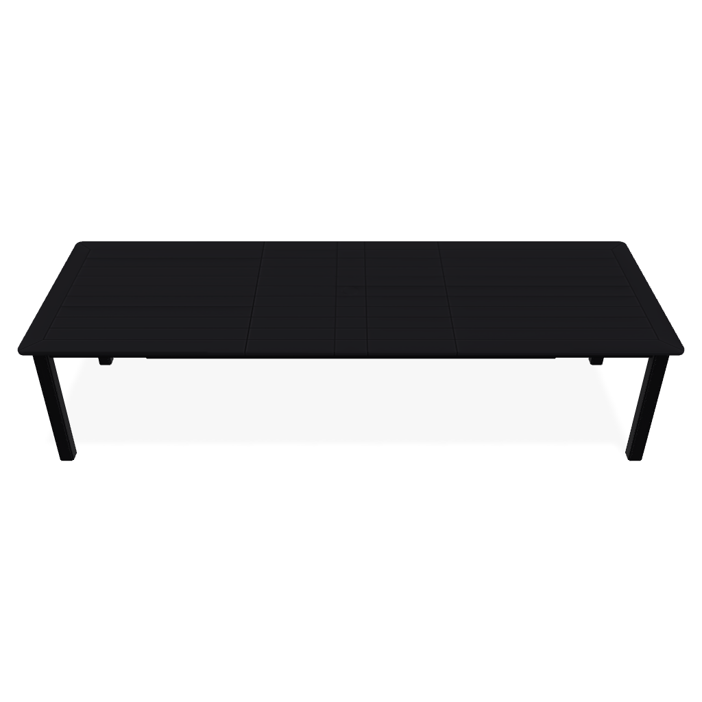 A black coffee table with two legs on a white background.