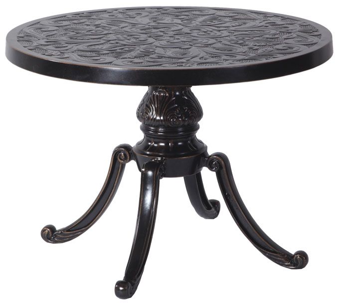 A black table with a floral design on it