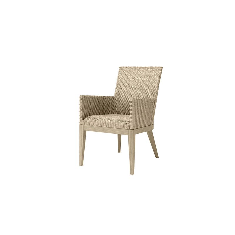 A beige chair with a wooden frame on a white background.