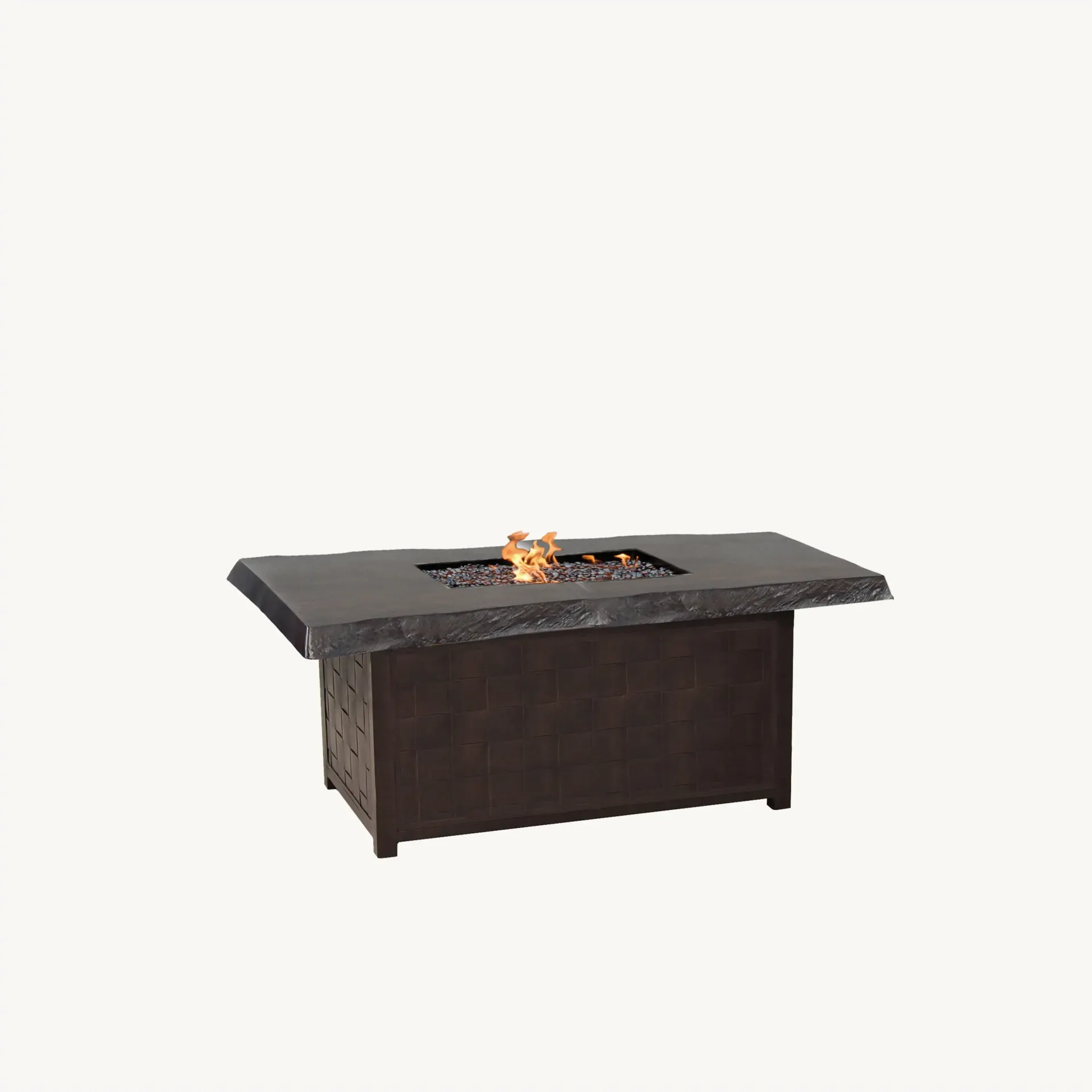 A fire pit table with flames coming out of it on a white background.