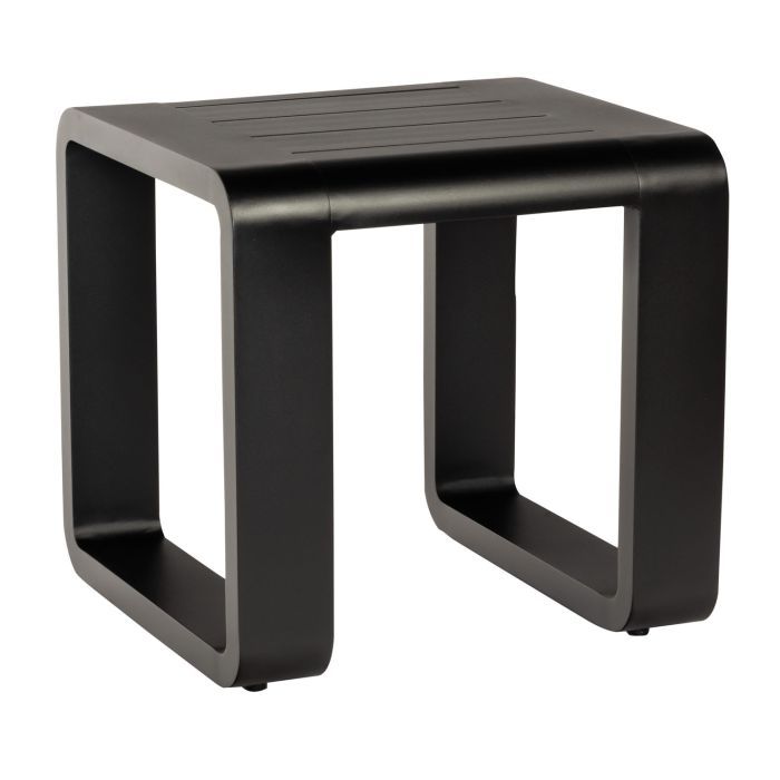 A small black table with square legs on a white background