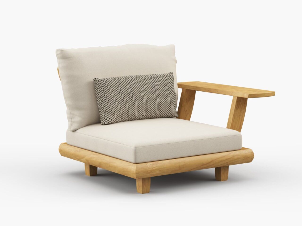 A wooden chair with a white cushion and a pillow on it.