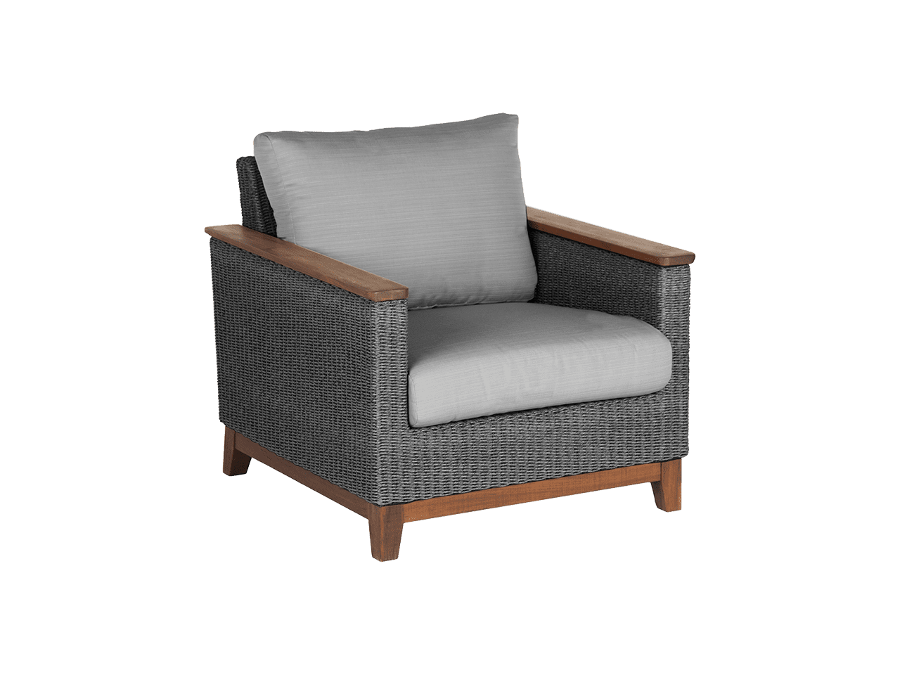 A wicker chair with a wooden frame and a grey cushion on a white background.
