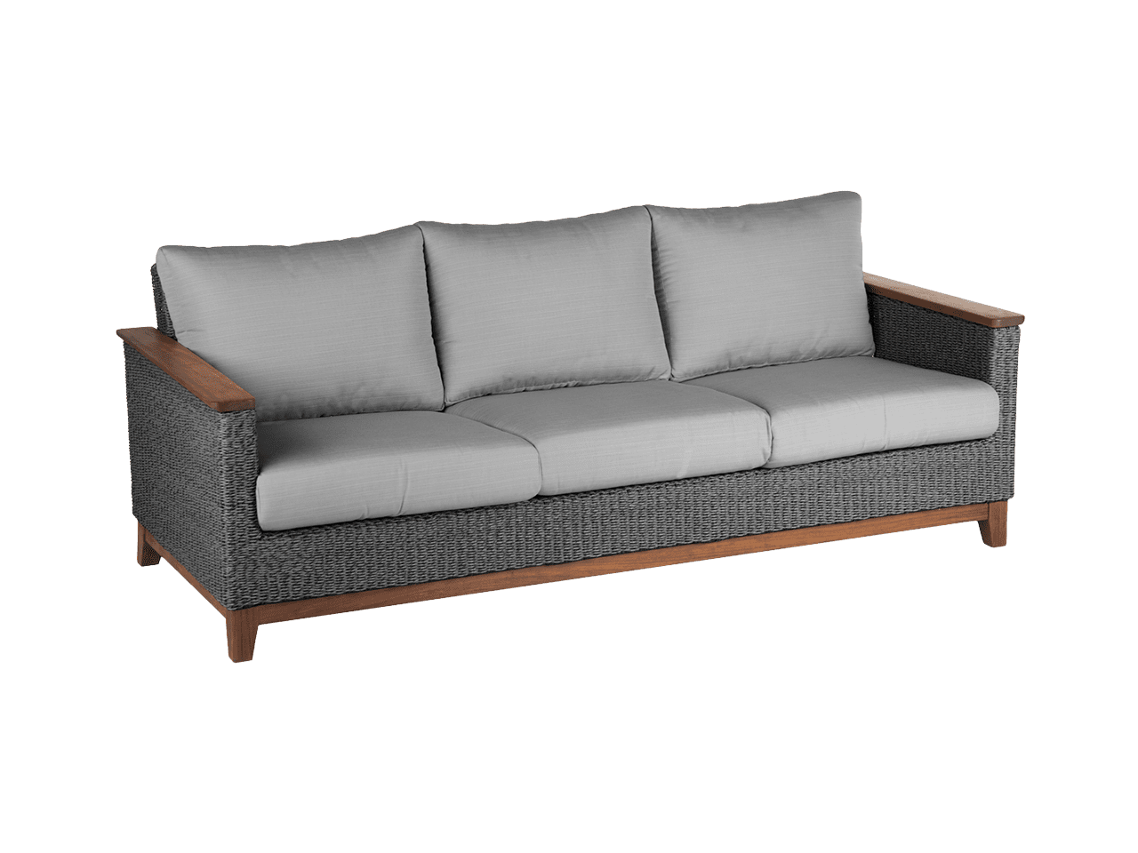 A wicker couch with gray cushions and wooden arm rests on a white background.