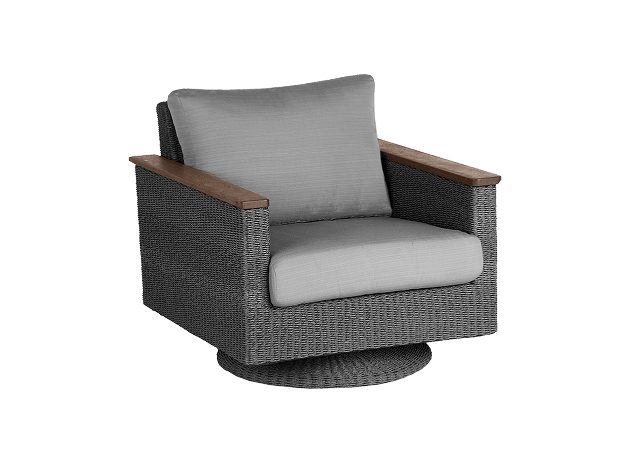 A wicker chair with a gray cushion on a white background