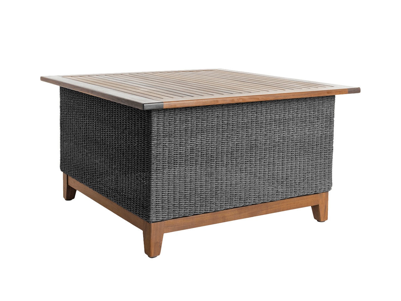 A wicker coffee table with a wooden top on a white background.