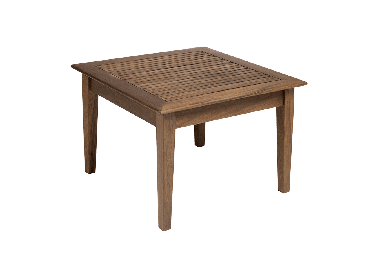 A small wooden table with a wicker top on a white background.