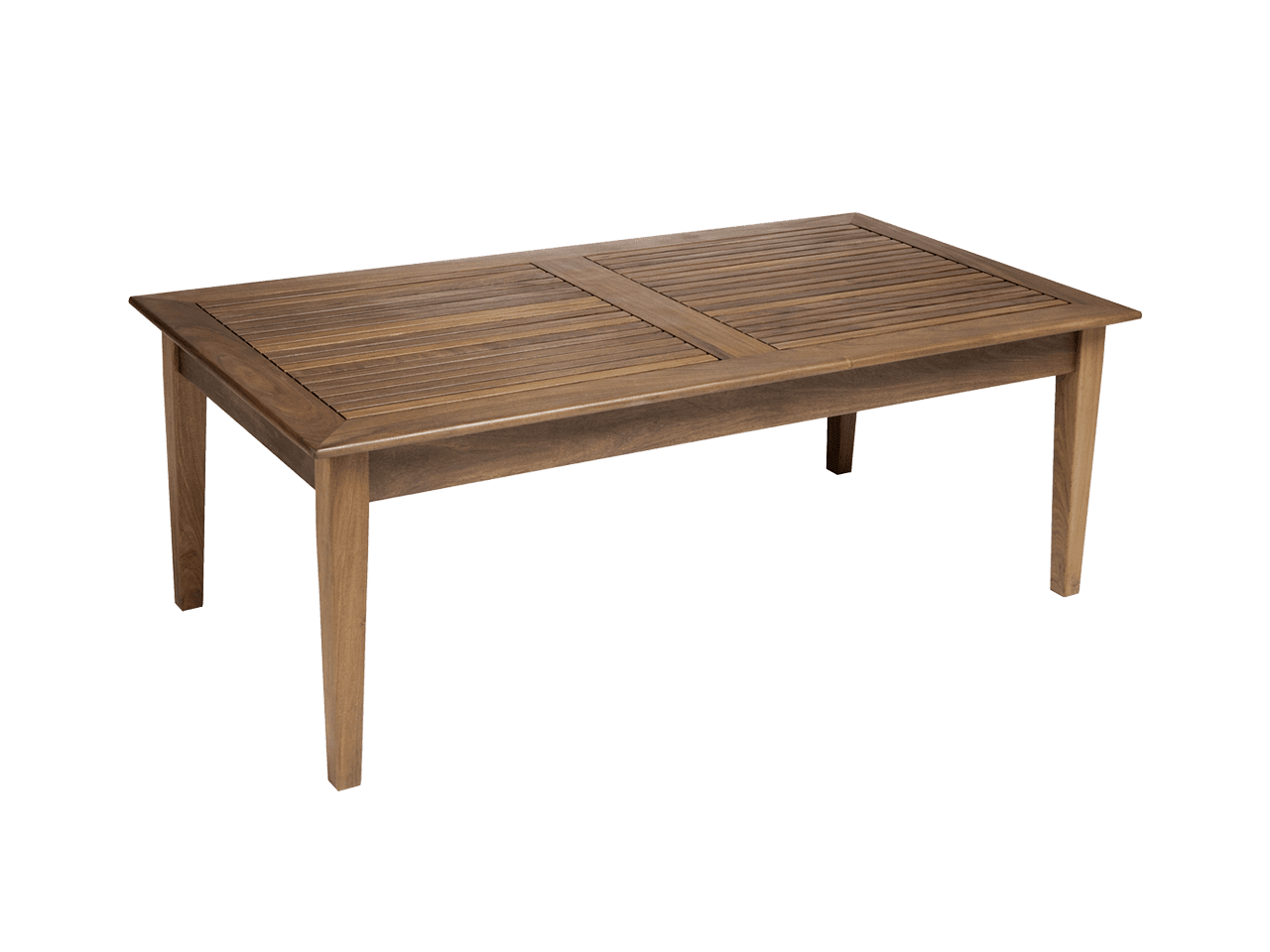 A wooden coffee table with a wicker top on a white background.