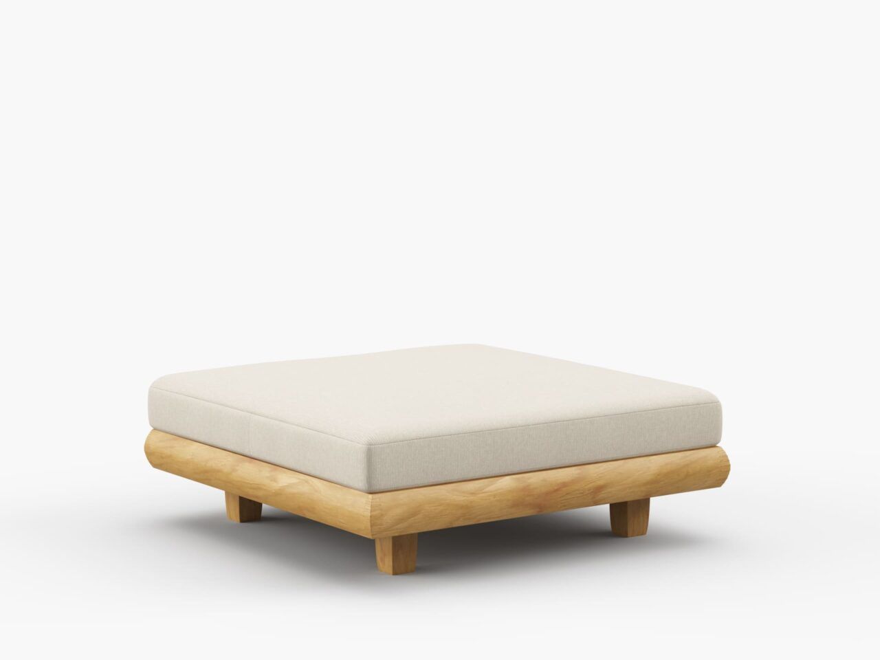 A wooden ottoman with a white cushion on a white background.