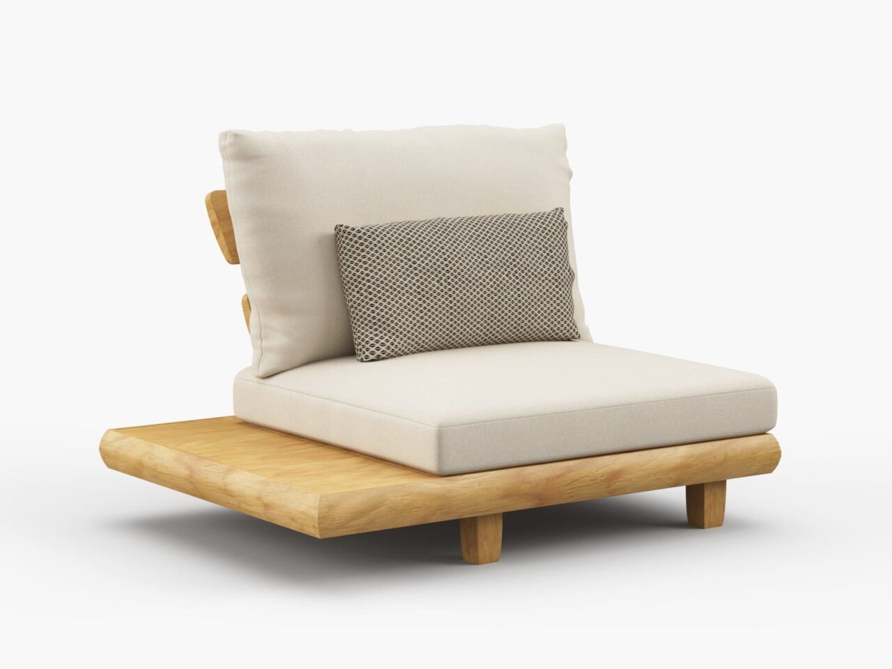 A wooden chair with a white cushion and a pillow on a white background.