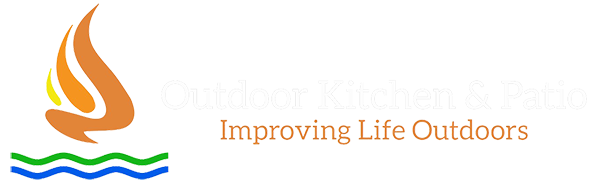A logo for outdoor kitchen and patio improving life outdoors