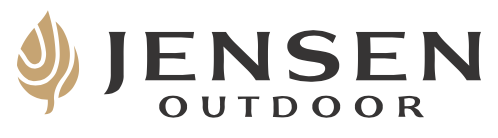 The logo for jensen outdoor has a leaf on it.