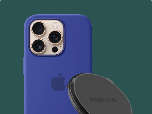 A blue iphone with a black holder next to it