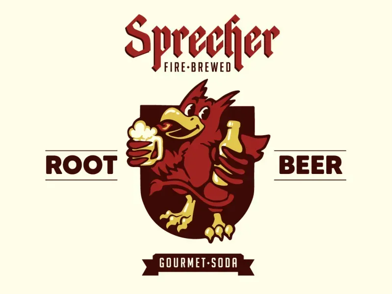Sprecher Root Beer logo: Red gryphon holding a beer mug and bottle, 