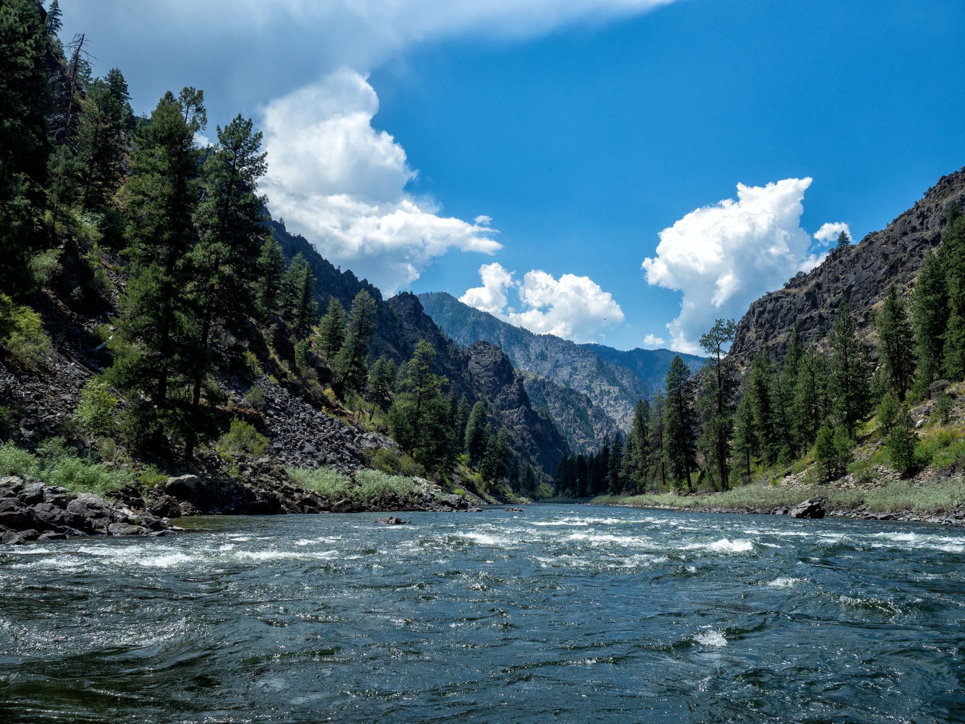 A river flowing through a canyon surrounded by mountains and trees.