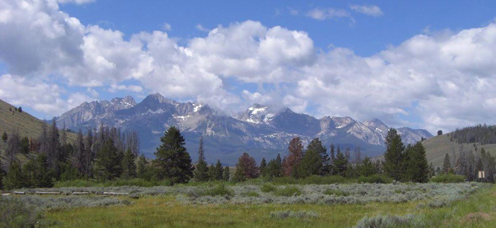 There are mountains in the background and a field in the foreground.