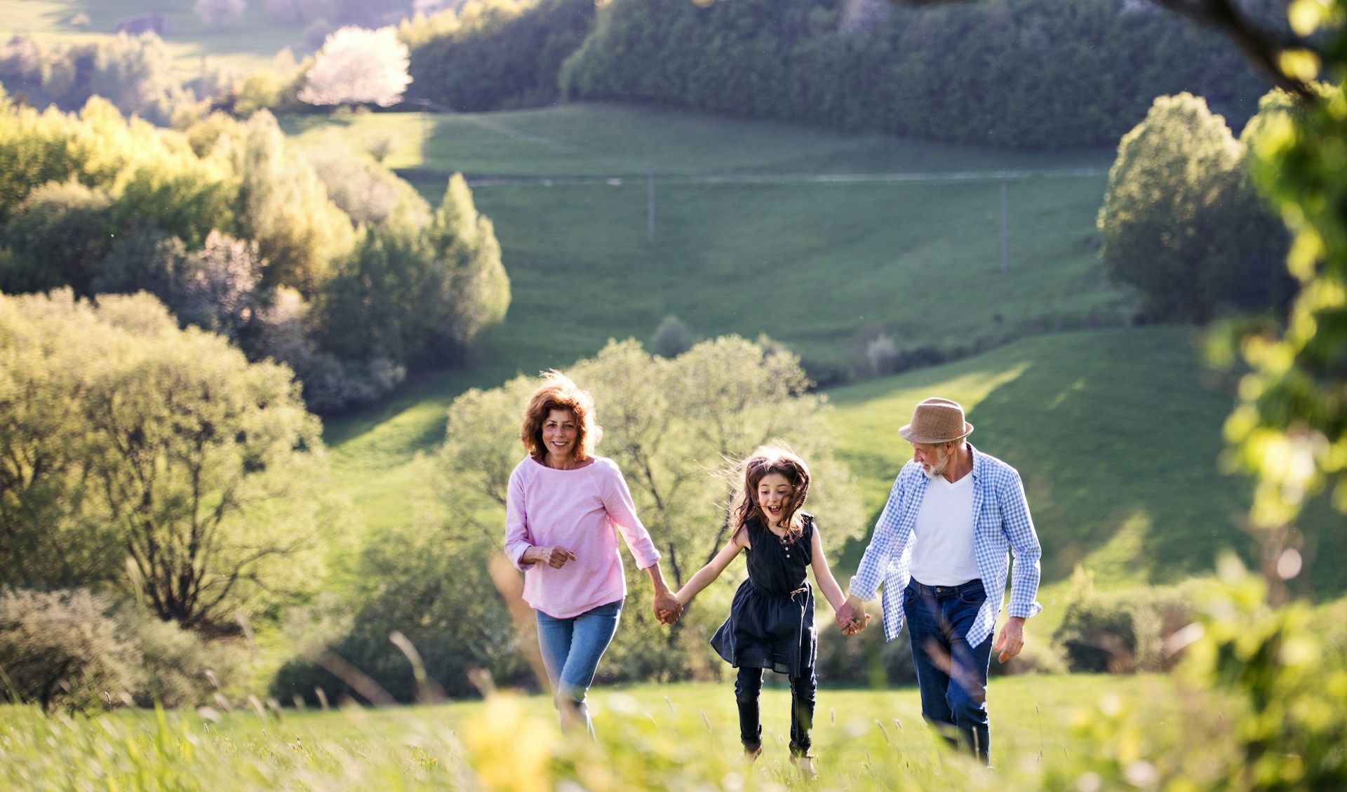 Woman, child, and man holding hands, walking across a grassy hill, sunny day.
