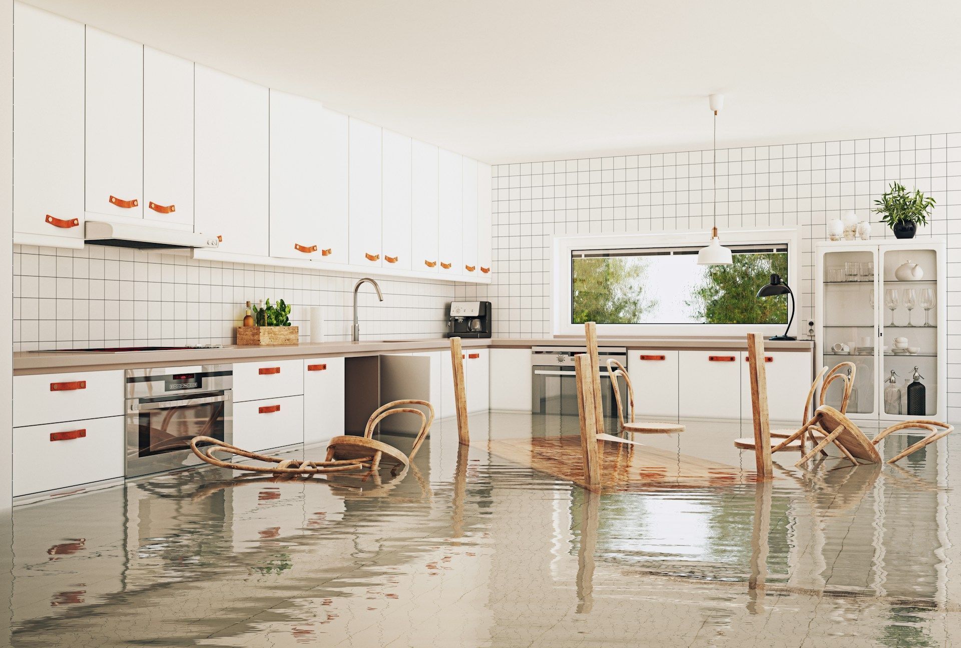 Flooded white kitchen; water covers floor. Chairs and cabinet bases are submerged; sunlight streams through window.