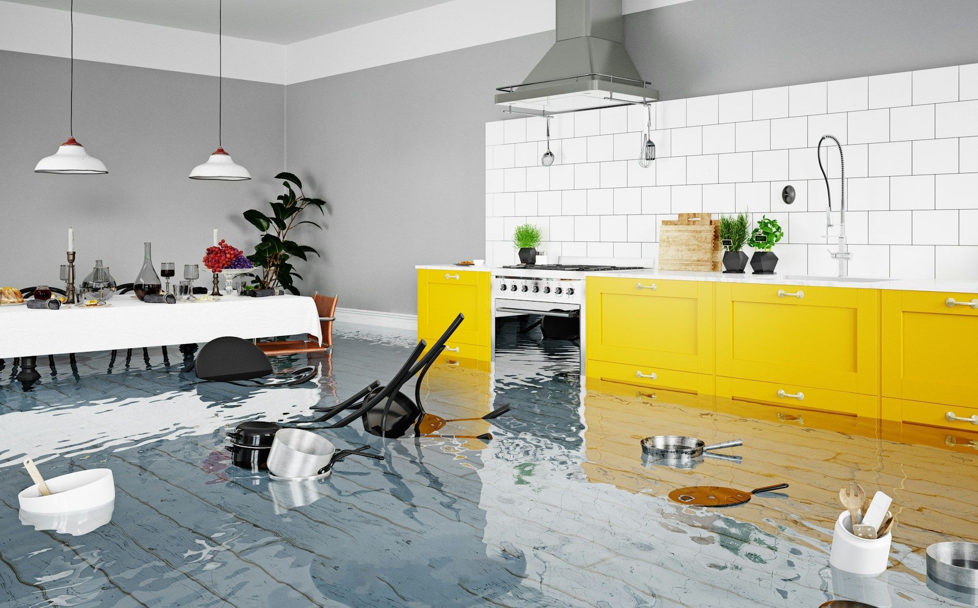 Flooded kitchen with yellow cabinets, a long dining table, and debris floating in the water.