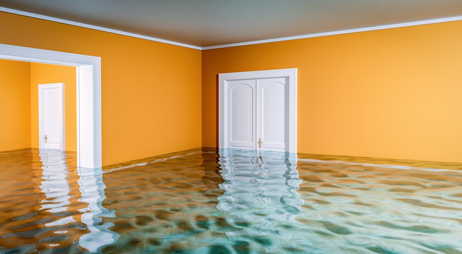 Room flooded with water, orange walls, white door and trim.