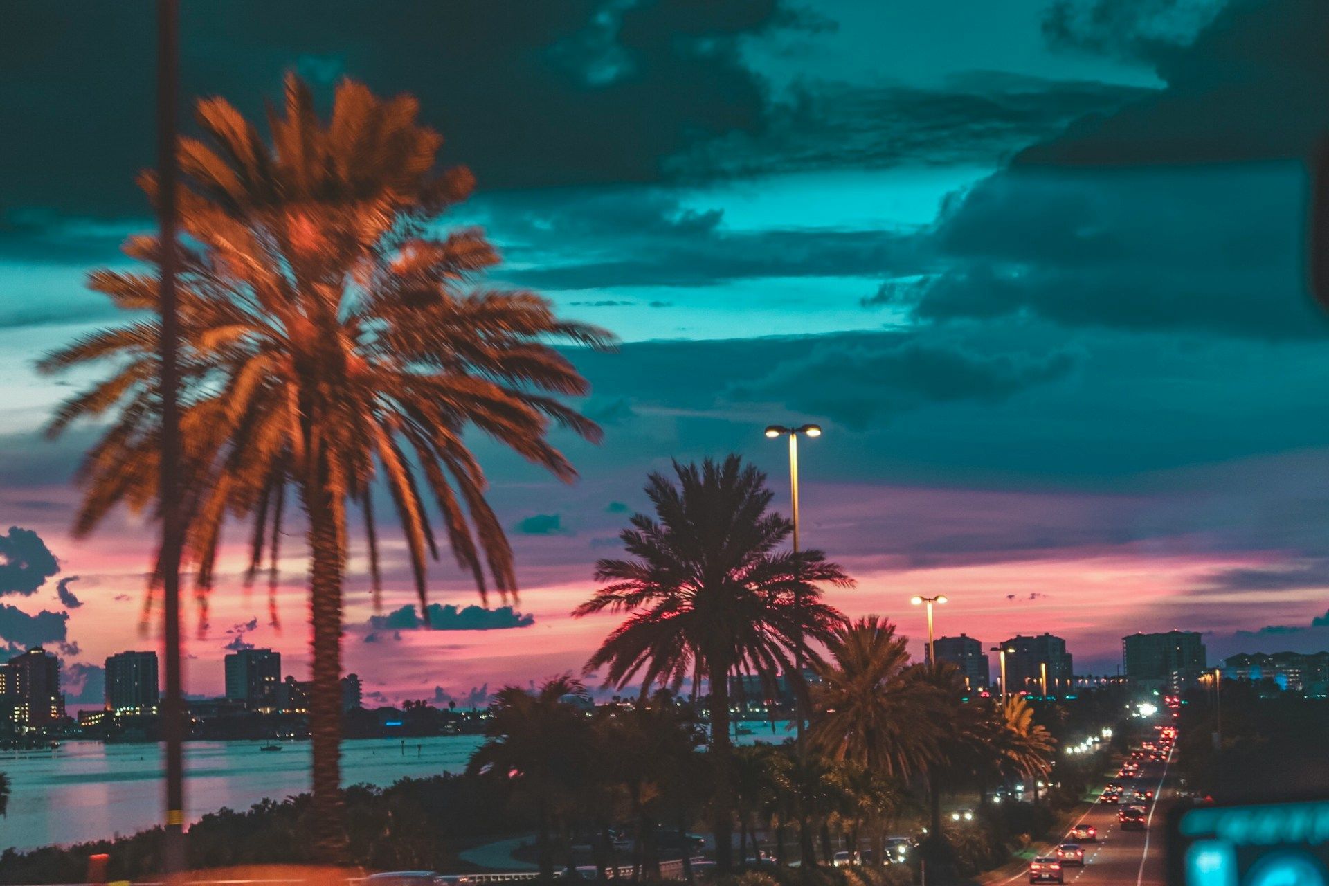 Palm trees silhouetted against a vibrant sunset sky over a city skyline.