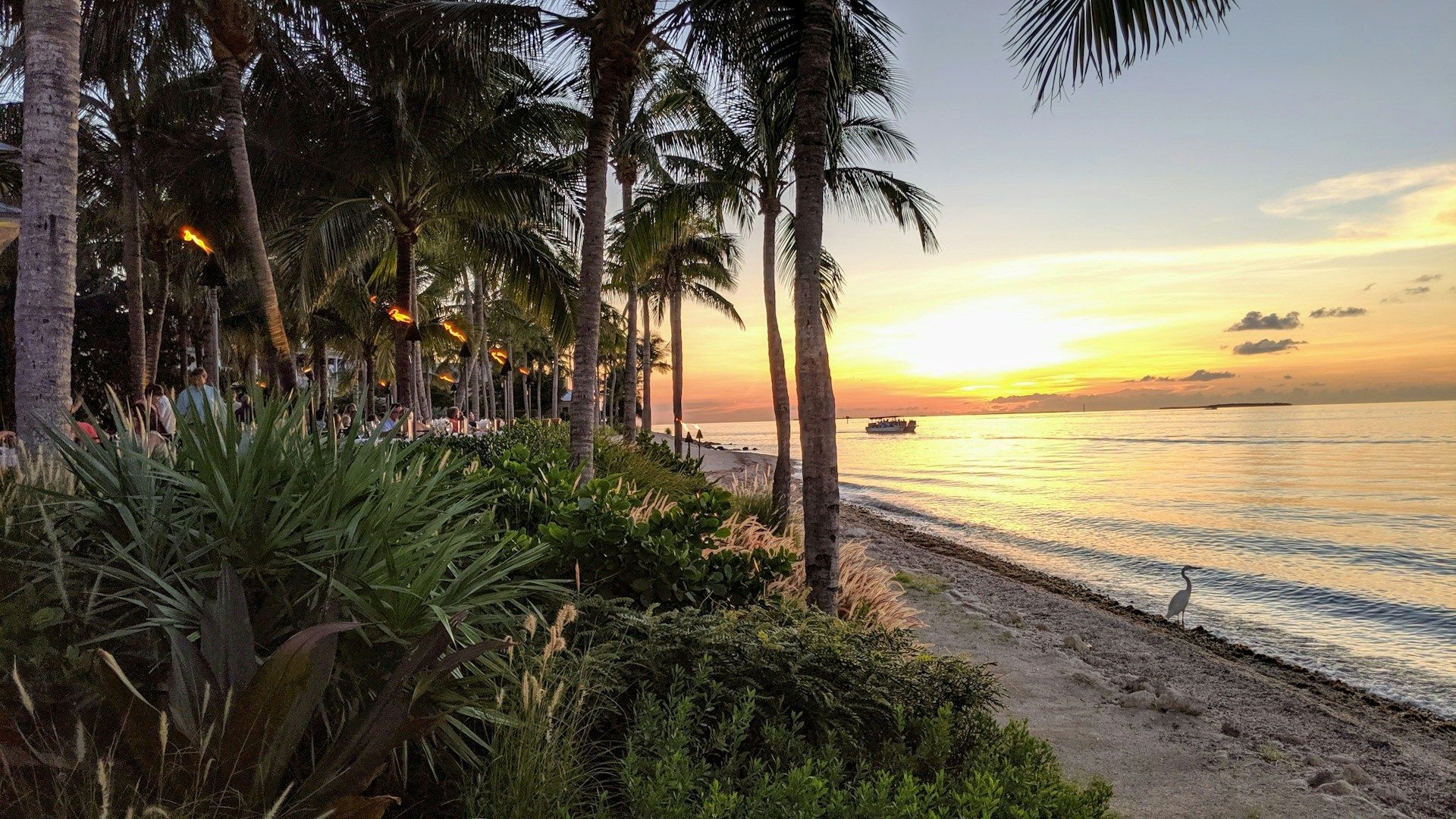 Beach at sunset, palm trees, golden sky, small boat in the water.