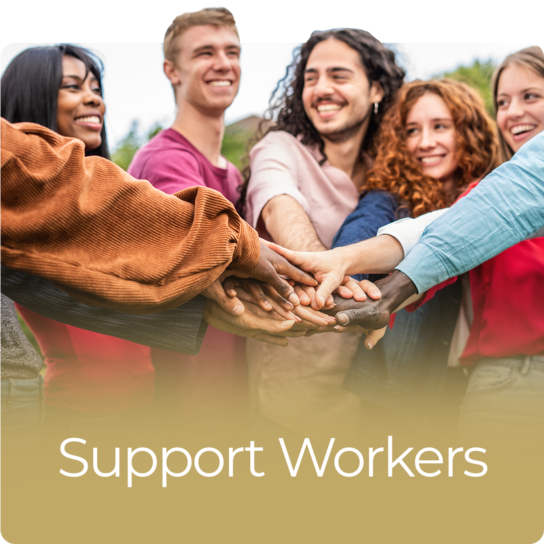 A group of people putting their hands together under the words support workers.