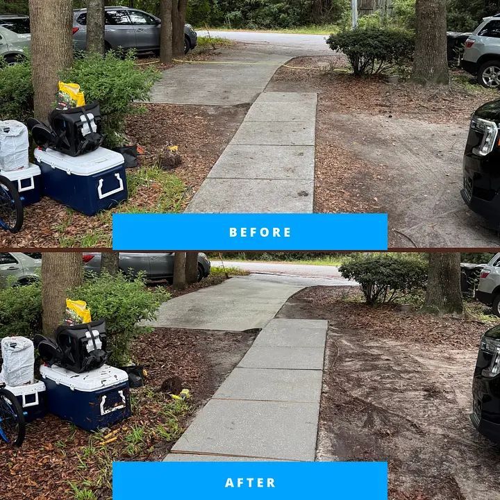 Top: Before view of a concrete walkway with a raised section. Bottom: After view, showing the walkway leveled.