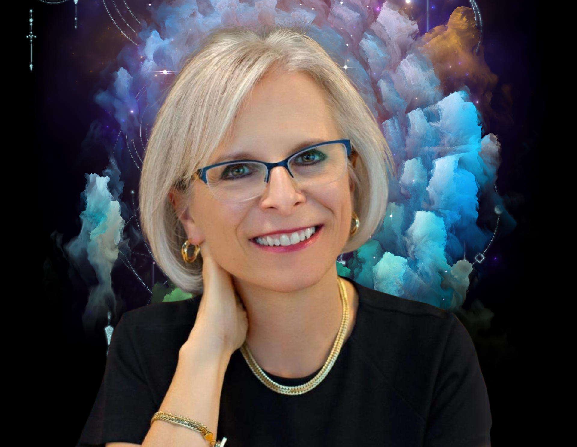 Woman with glasses and short blonde hair smiles, hand on neck, in front of colorful background.