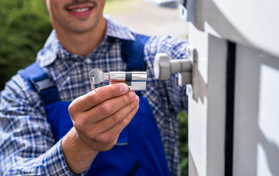 A man is holding a key in front of a door.