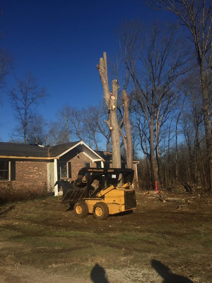 Yellow skid steer lifting a large cut tree trunk beside a brick house under a clear blue sky