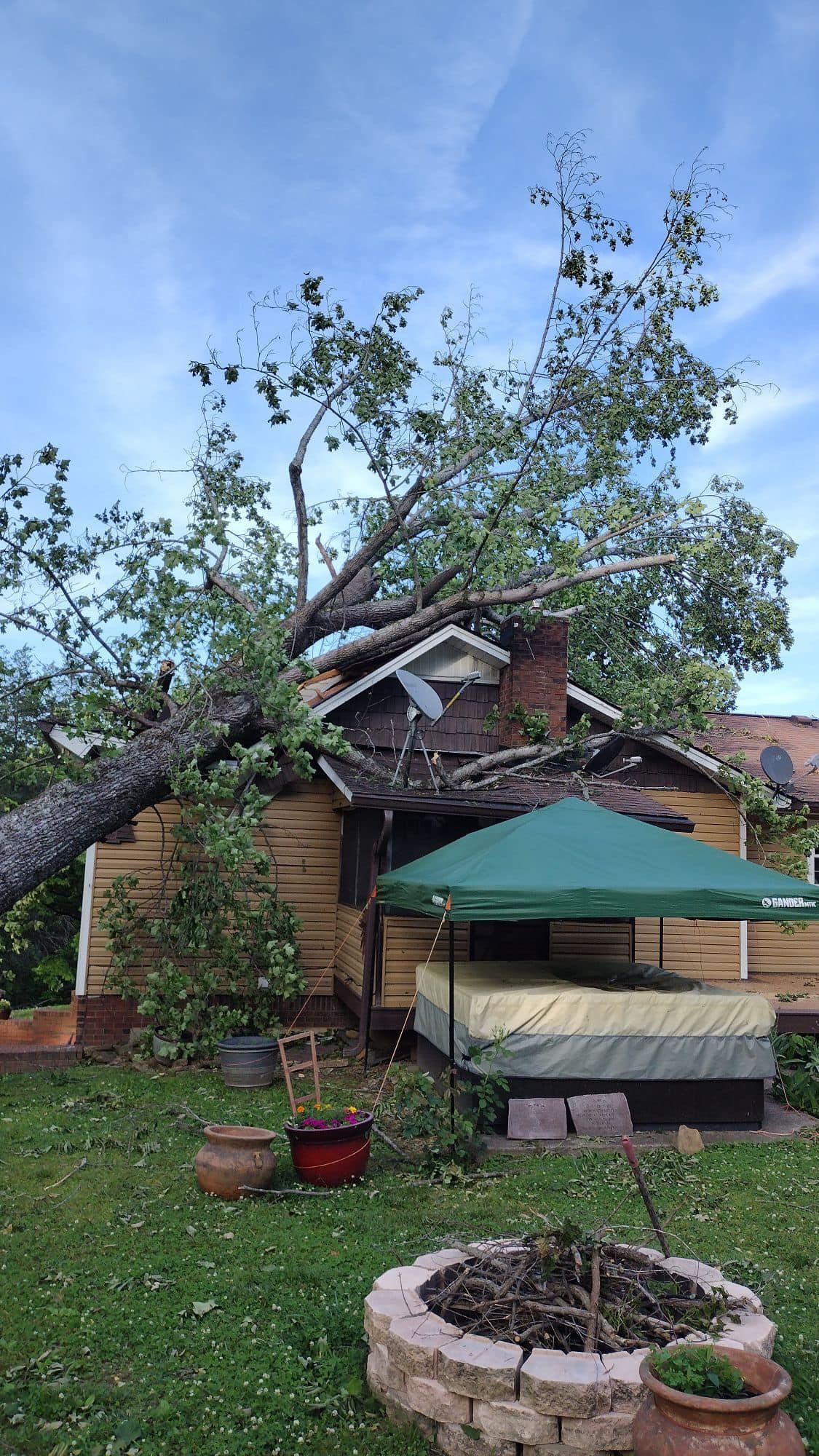 Storm-damaged tree leaning over a backyard patio with a green canopy and brick house in the background