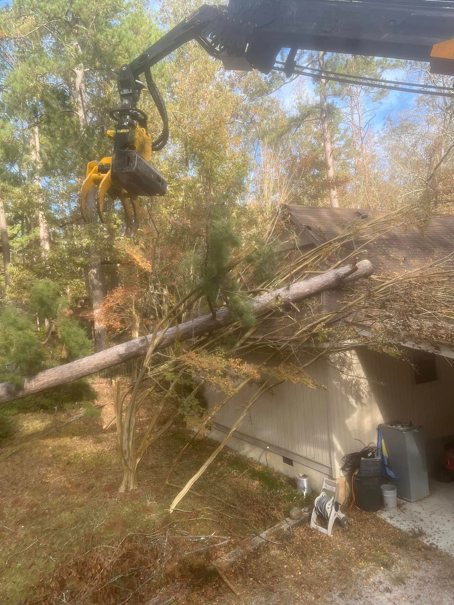 Tree branch leaning over a house and shed, with a yellow chainsaw lift cutting fallen limbs above a wooded yard