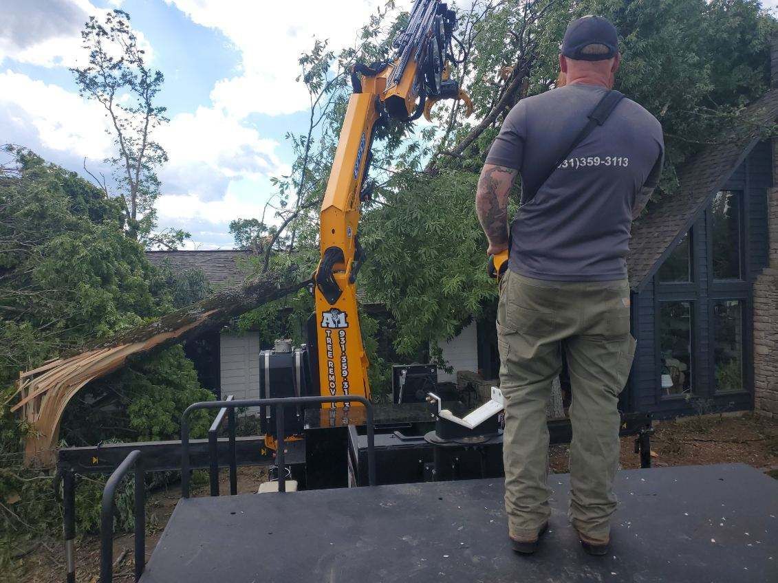 Man standing beside a yellow excavator on a driveway near a house and trees