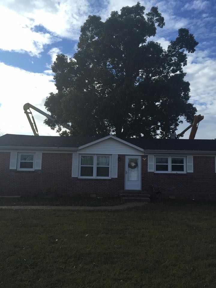 Brick house with a large tree behind it and two raised arms or equipment on the roof under a cloudy sky