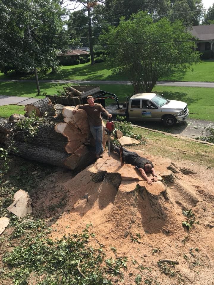 Man leaning on stacked logs in a yard beside a parked pickup truck and dirt pile