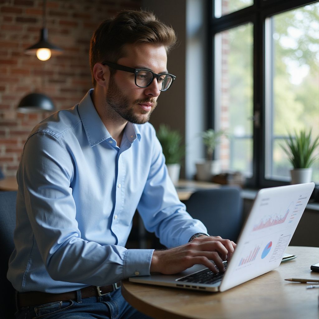 Man wearing glasses, typing on a laptop, looking at financial charts, in an office setting.